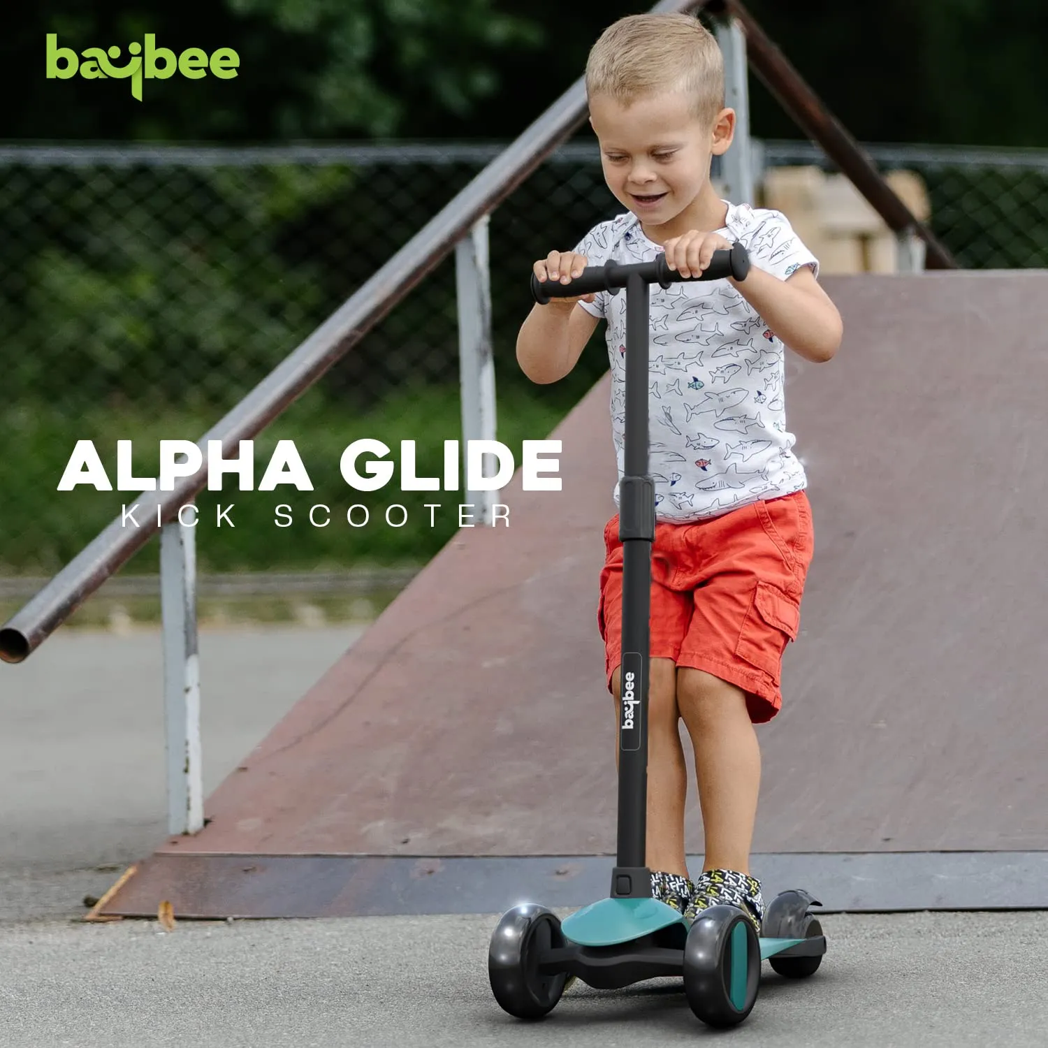 Baybee Alpha Kick Scooter for Kids, Smart 3 Wheel Kids Scooter with 4 Height Adjustable Handle, Runner Scooter with Led PU Wheels & Brake, Skate Scooter for Kids 3 to 10 Years Boys Girls (Green)