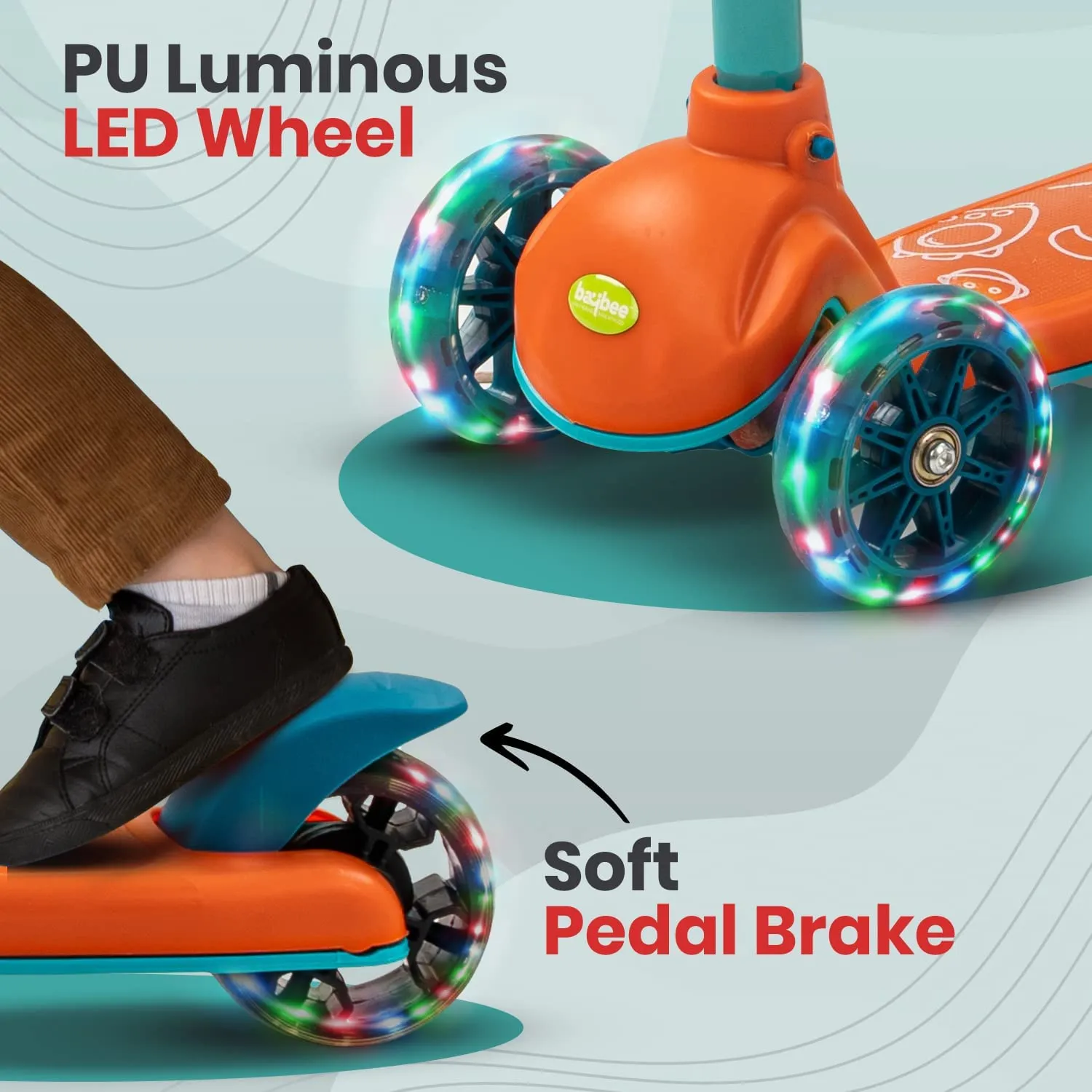 Baybee Blaze Storm Skate Scooter for Kids, 3 Wheel Kids Scooter with 3 Height Adjustable Handle, Kick Scooter with LED PU Wheels & Brake | Runner Scooter for Kids 2-10 Years Boys Girls (Orange)