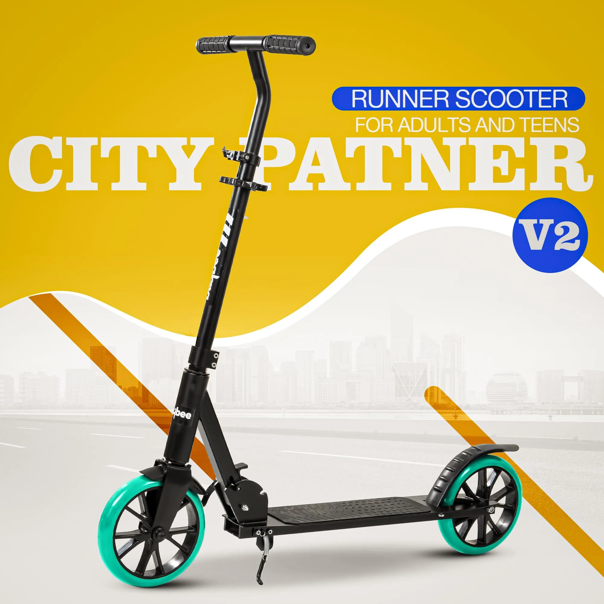 Baybee City Partner Kick Scooter for Kids & Adults, 2 Wheel Foldable Kids Scooter with 3 Height Adjustable, Stand, Brake & PU Wheels | Runner Skate Scooter for Adults Kids 8  Years Boys Girls (Blue)