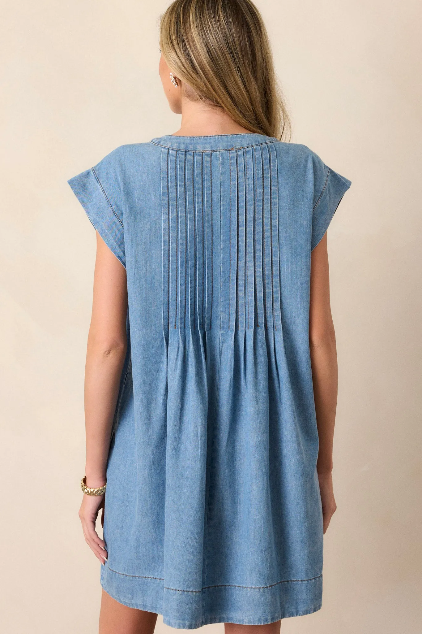 Be Someone Light Wash Chambray Pleated Mini Dress