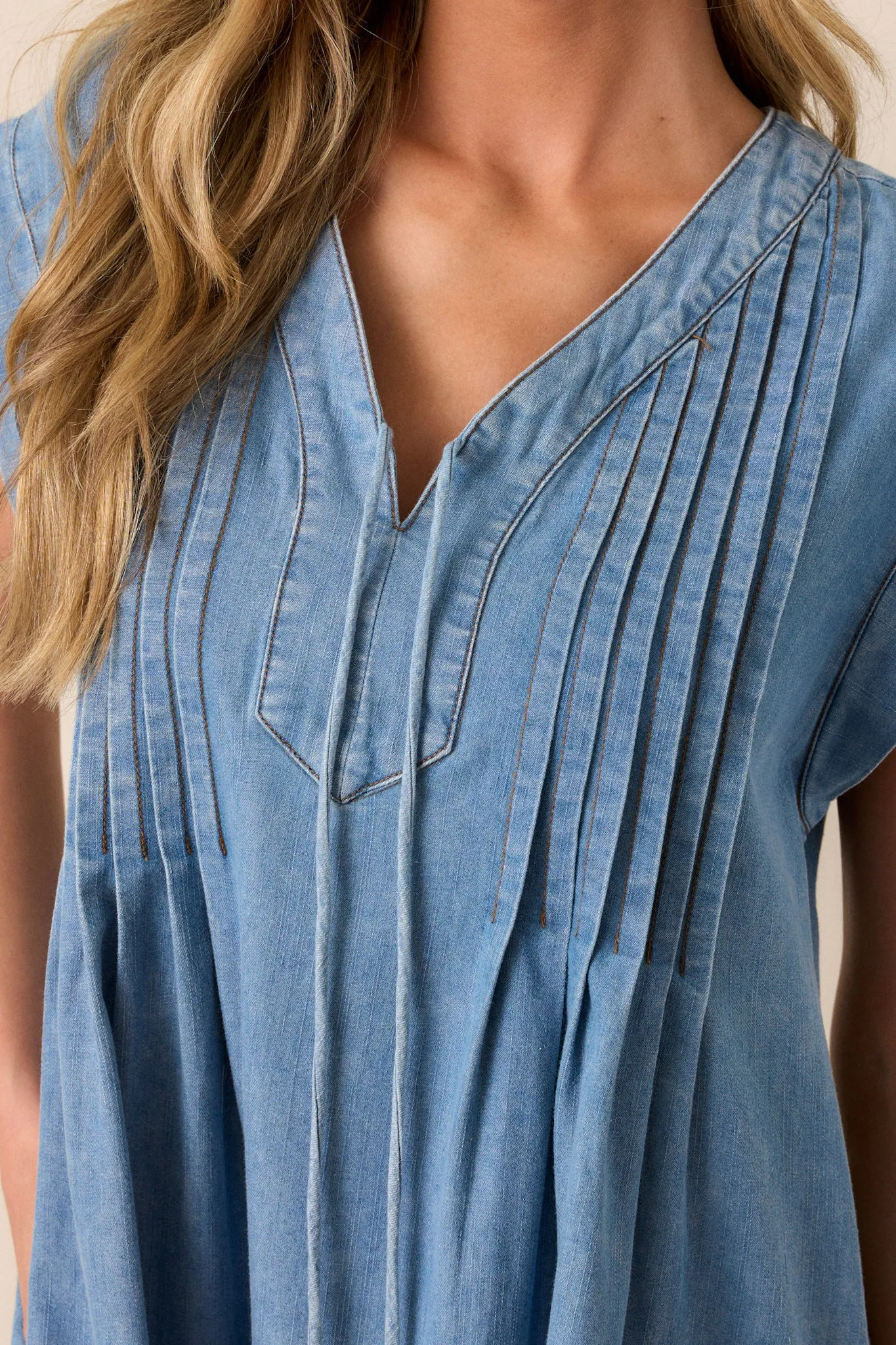 Be Someone Light Wash Chambray Pleated Mini Dress