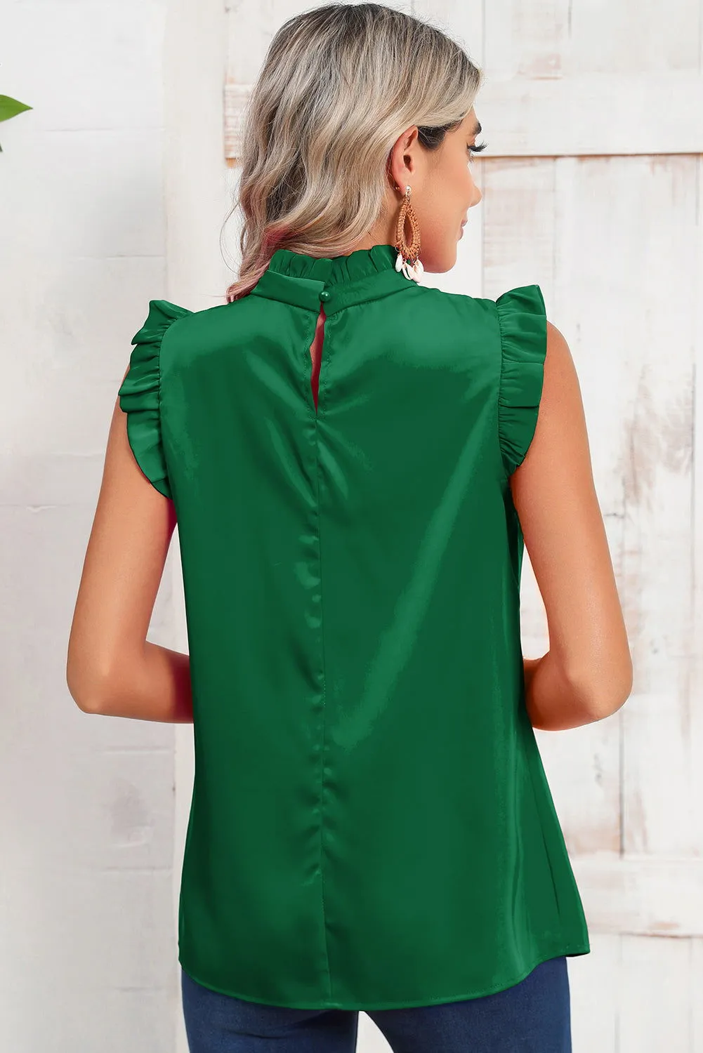 Bright Green Frilled Trim Sleeveless Pleated Blouse