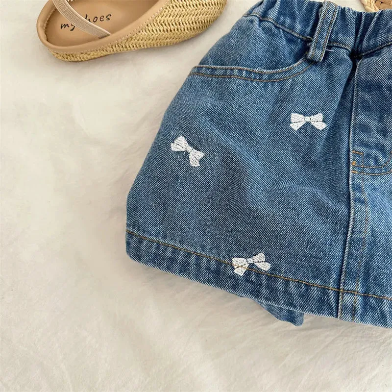 Cute Bow-Print Denim Skort