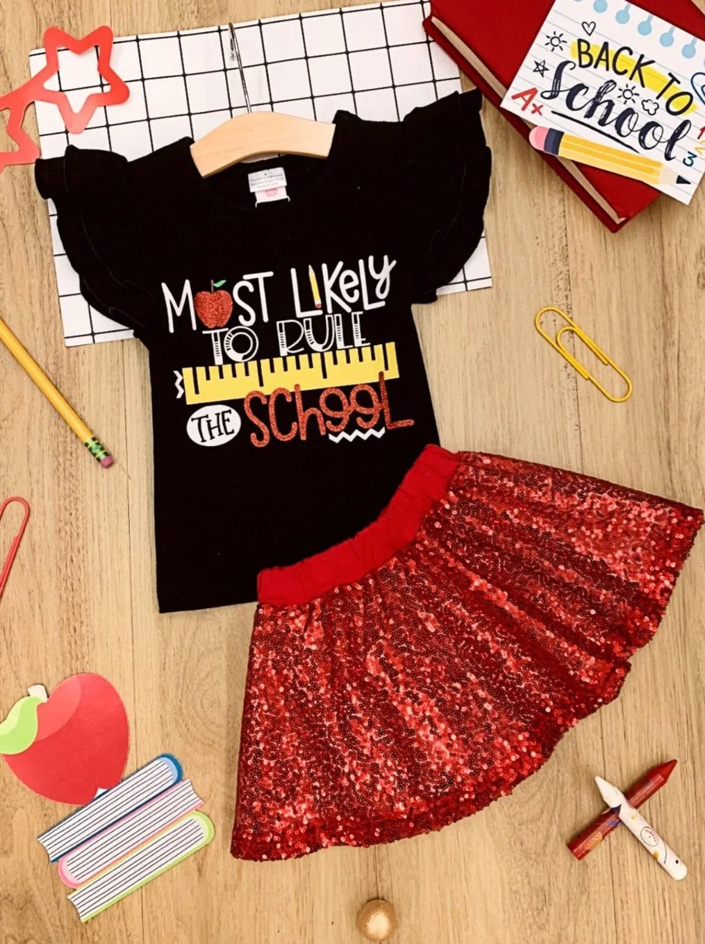 Girls 1st Day of School "Most Likely to Rule the School" Printed Flutter Sleeve Top and Sequin Skirt Set