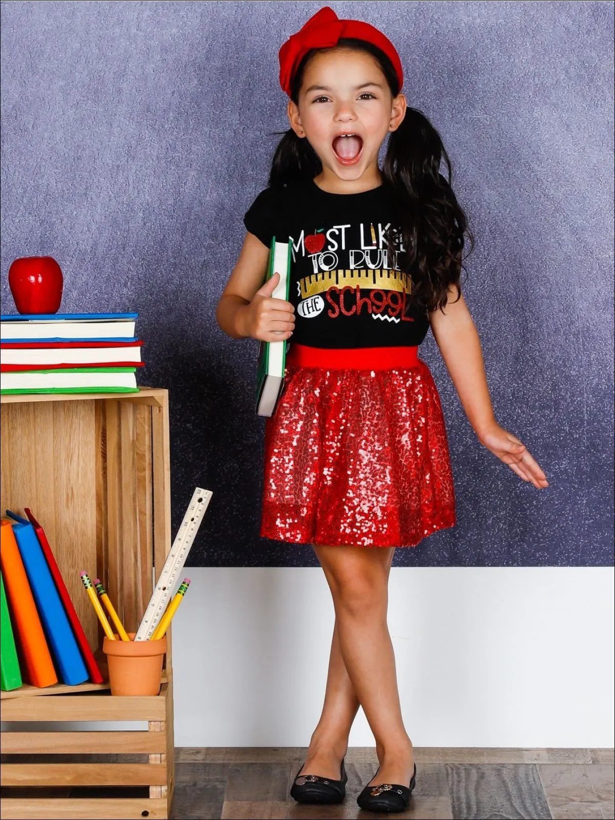 Girls 1st Day of School "Most Likely to Rule the School" Printed Flutter Sleeve Top and Sequin Skirt Set