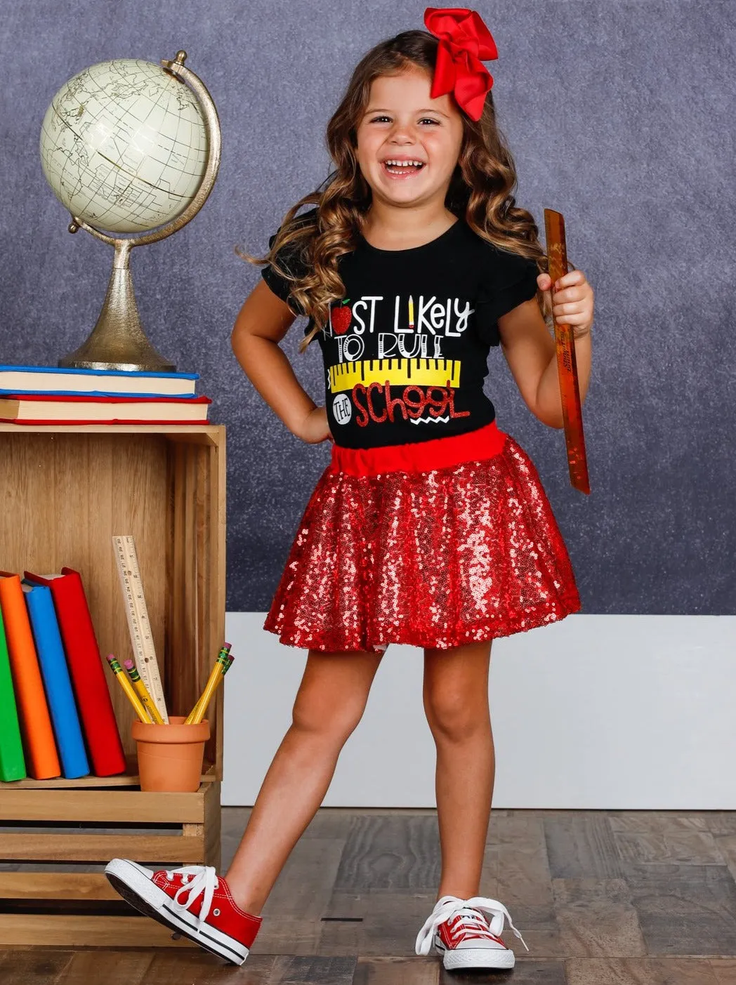 Girls 1st Day of School "Most Likely to Rule the School" Printed Flutter Sleeve Top and Sequin Skirt Set