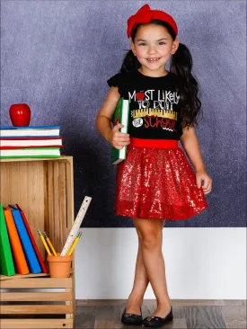 Girls 1st Day of School "Most Likely to Rule the School" Printed Flutter Sleeve Top and Sequin Skirt Set