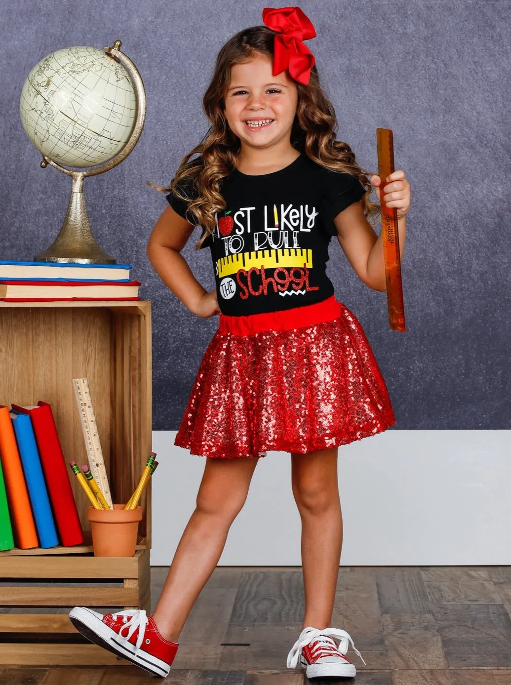 Girls 1st Day of School "Most Likely to Rule the School" Printed Flutter Sleeve Top and Sequin Skirt Set