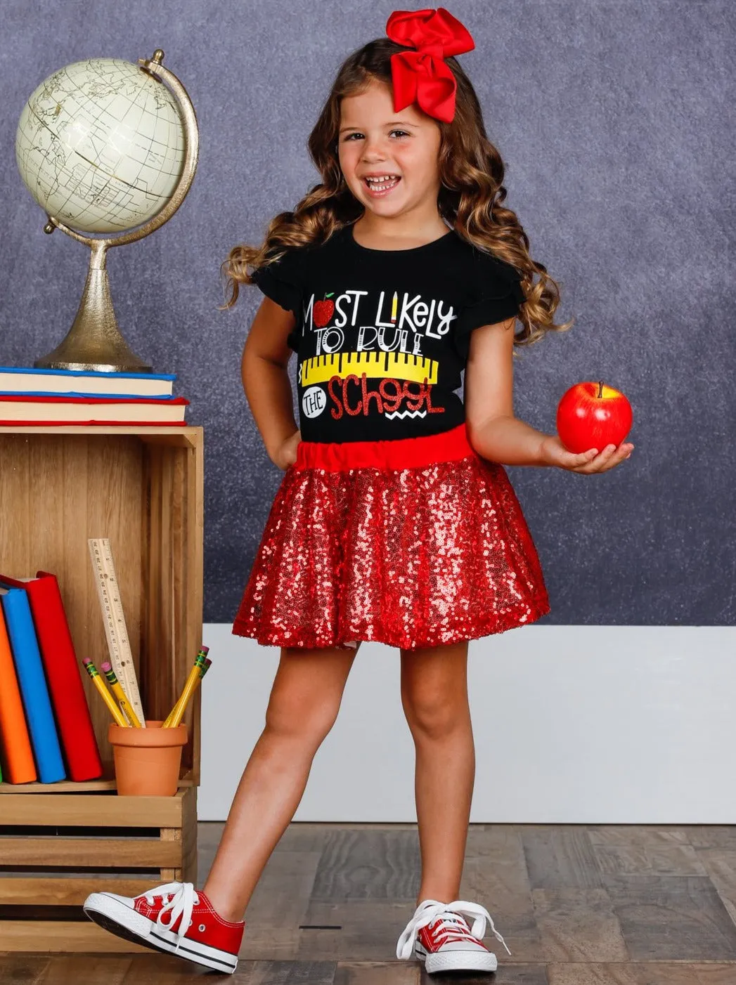 Girls 1st Day of School "Most Likely to Rule the School" Printed Flutter Sleeve Top and Sequin Skirt Set