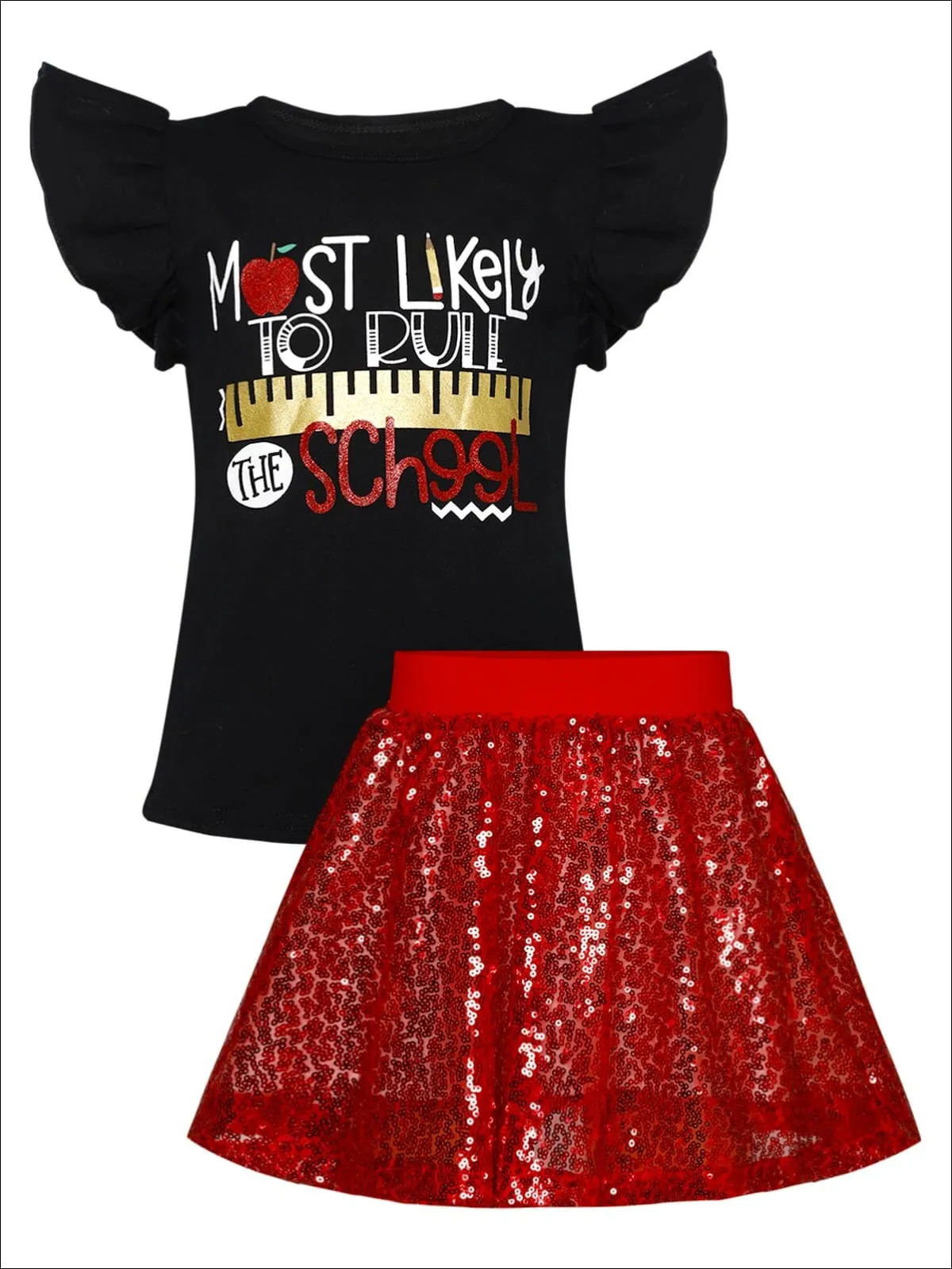 Girls 1st Day of School "Most Likely to Rule the School" Printed Flutter Sleeve Top and Sequin Skirt Set