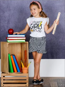 Girls 1st Day of School "Smart Girls 1st Day of School Rule" Ruffled Printed Top and Gingham Skort Set