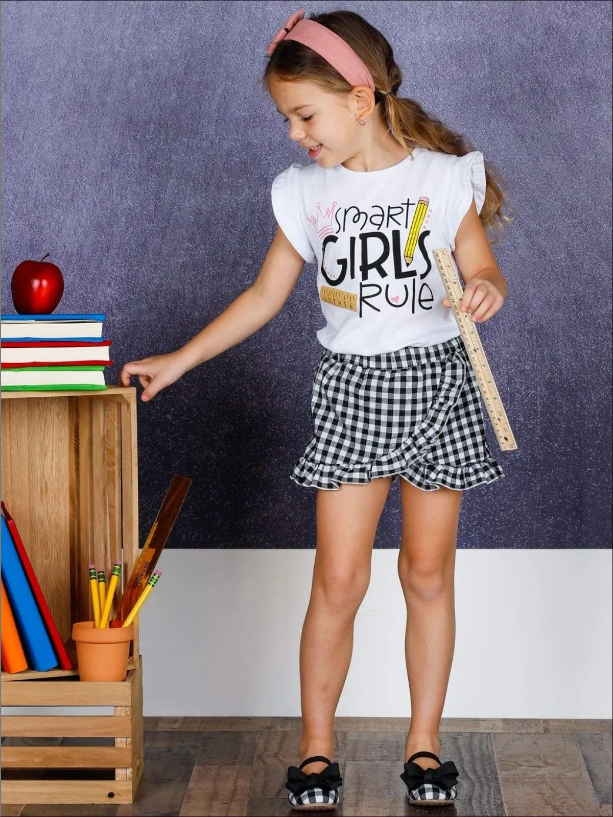 Girls 1st Day of School "Smart Girls 1st Day of School Rule" Ruffled Printed Top and Gingham Skort Set