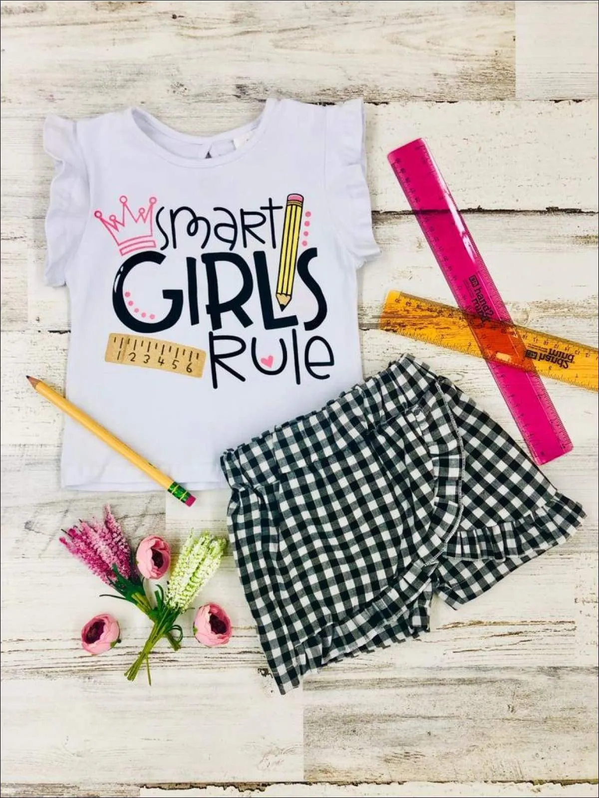 Girls 1st Day of School "Smart Girls 1st Day of School Rule" Ruffled Printed Top and Gingham Skort Set