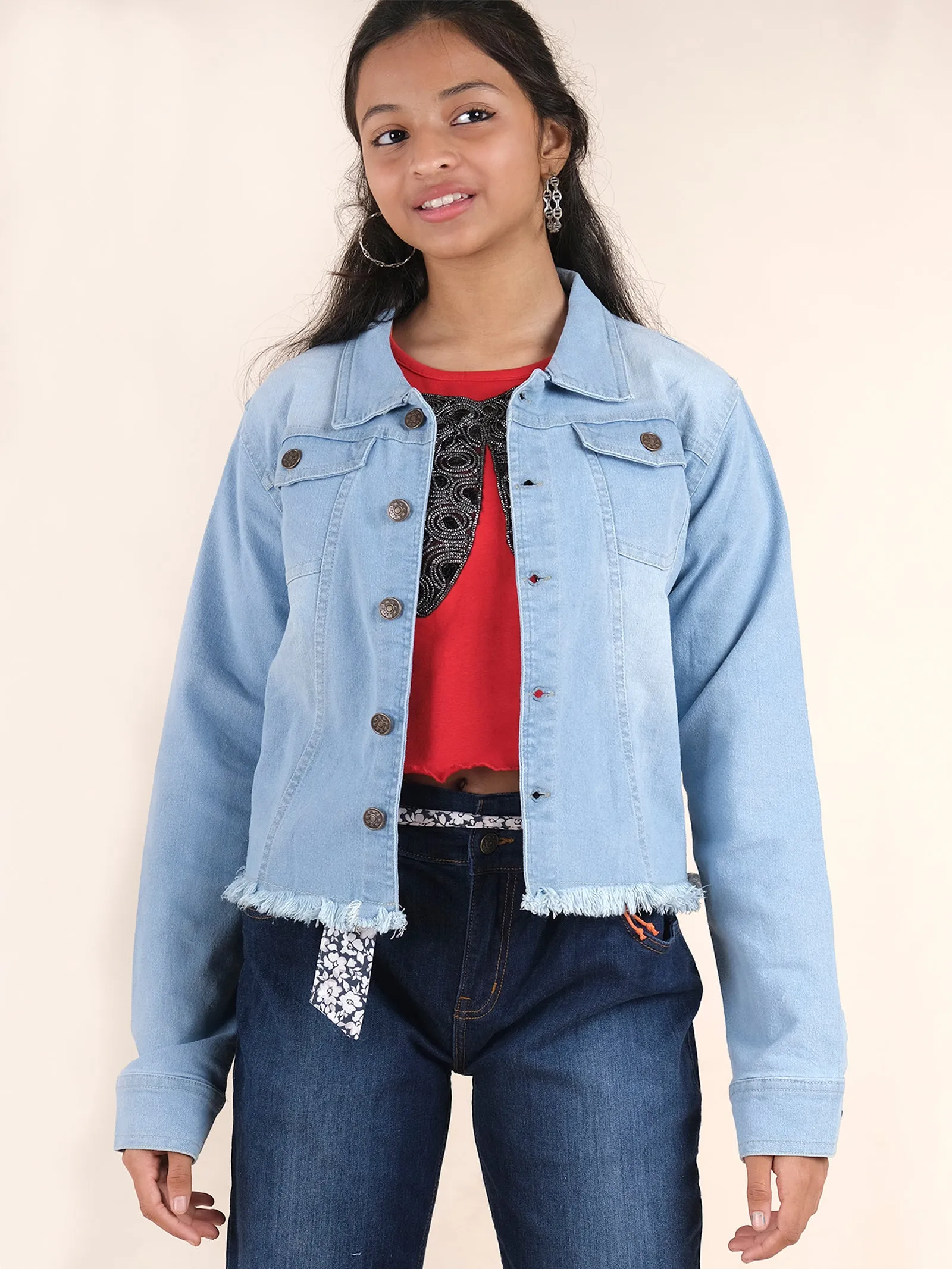 Girls Denim Short Jacket With Owl Applique