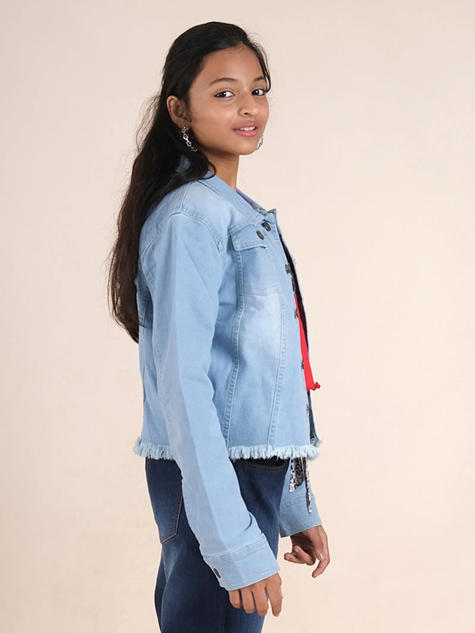 Girls Denim Short Jacket With Owl Applique