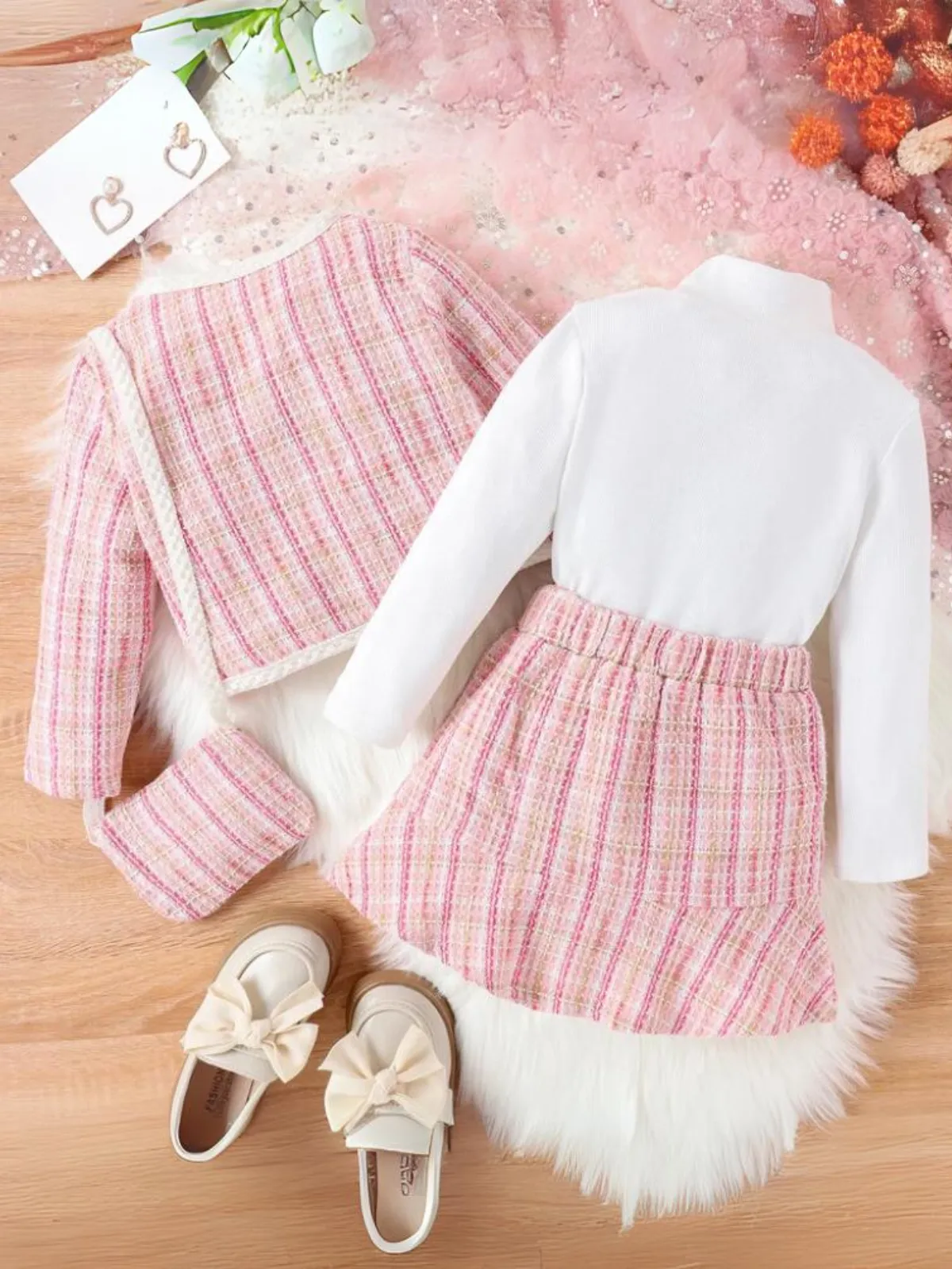 Girls Elegant Pink Tweed 4-Piece Outfit Set