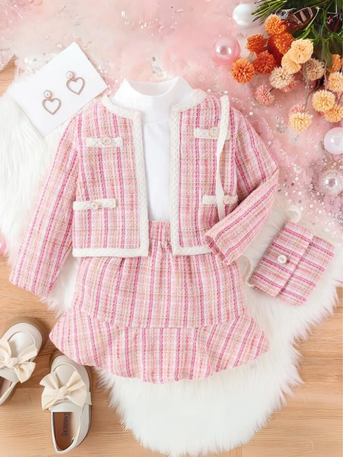 Girls Elegant Pink Tweed 4-Piece Outfit Set