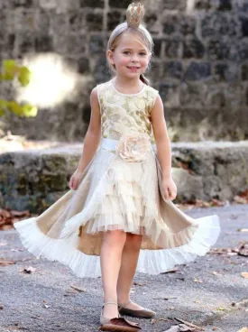 Girls Gold Overlay Ruffled Skirt with Flower Belt