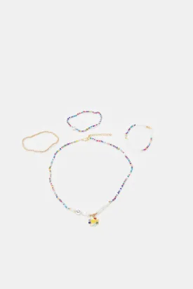 Girls Multicolour Embellished Necklace & Bracelet (Pack of 4)