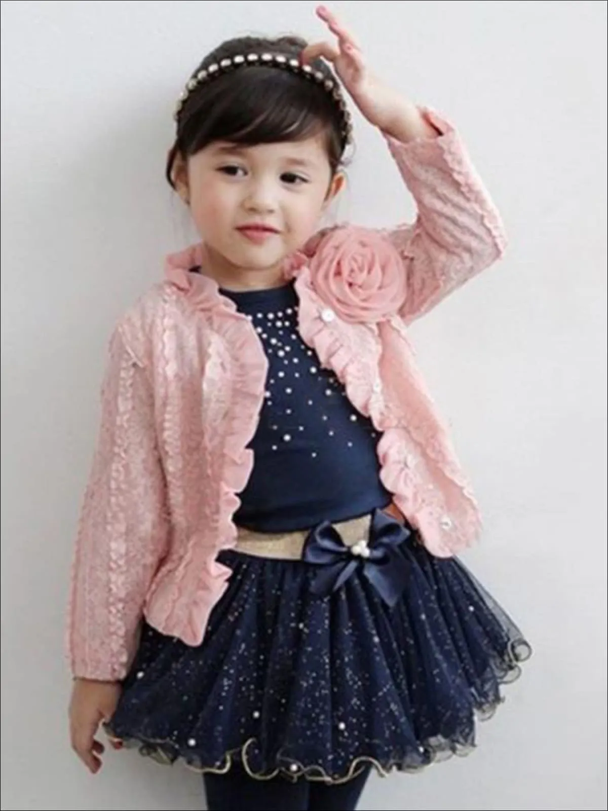 Girls Navy Long Sleeve Top With Sequin Tutu Bow Skirt And Pink Embellished Cardigan Set