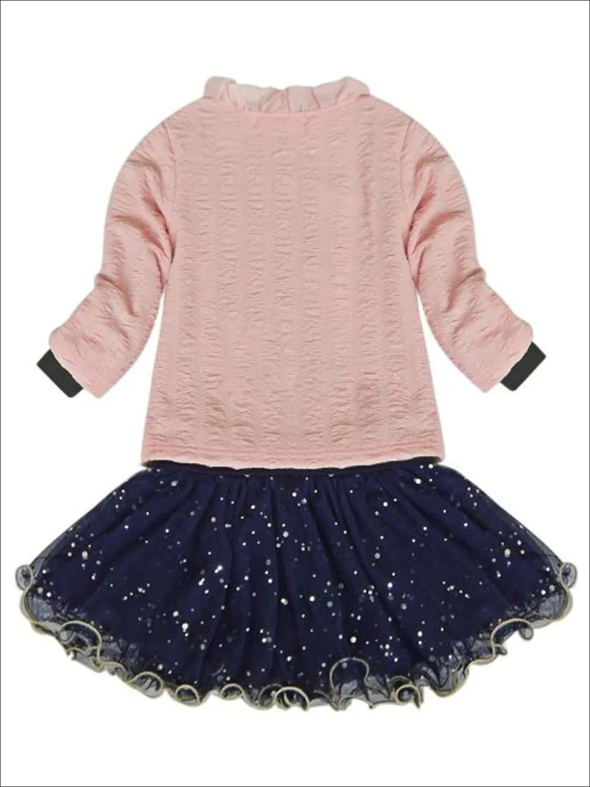 Girls Navy Long Sleeve Top With Sequin Tutu Bow Skirt And Pink Embellished Cardigan Set