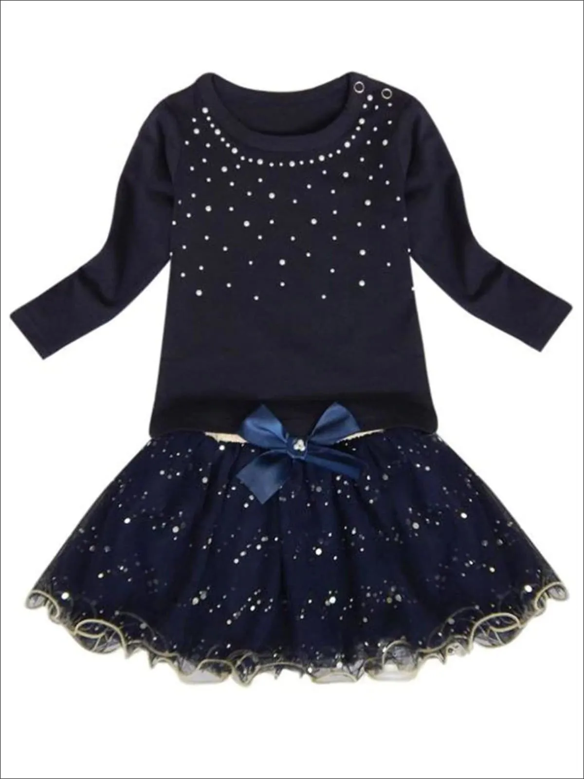 Girls Navy Long Sleeve Top With Sequin Tutu Bow Skirt And Pink Embellished Cardigan Set