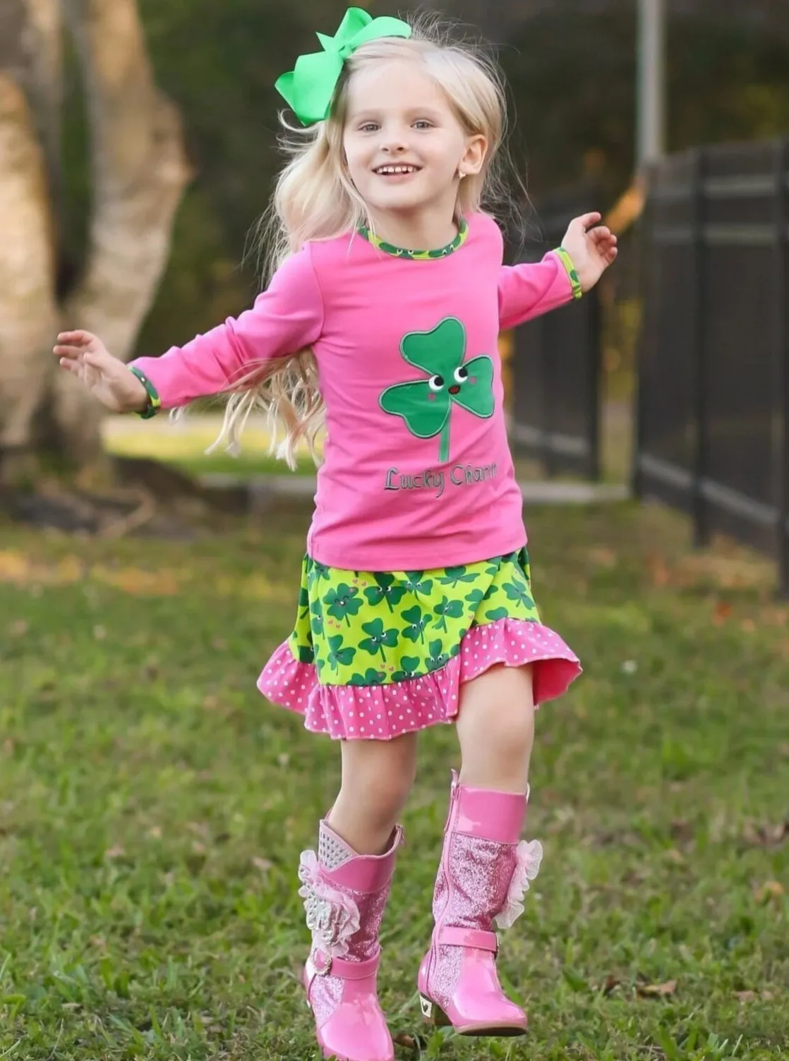 Girls Pink And Green St. Patrick's Day Themed Clover Print Long Sleeve Top And Ruffled Skirt Set