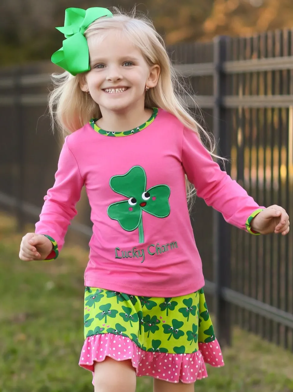 Girls Pink And Green St. Patrick's Day Themed Clover Print Long Sleeve Top And Ruffled Skirt Set