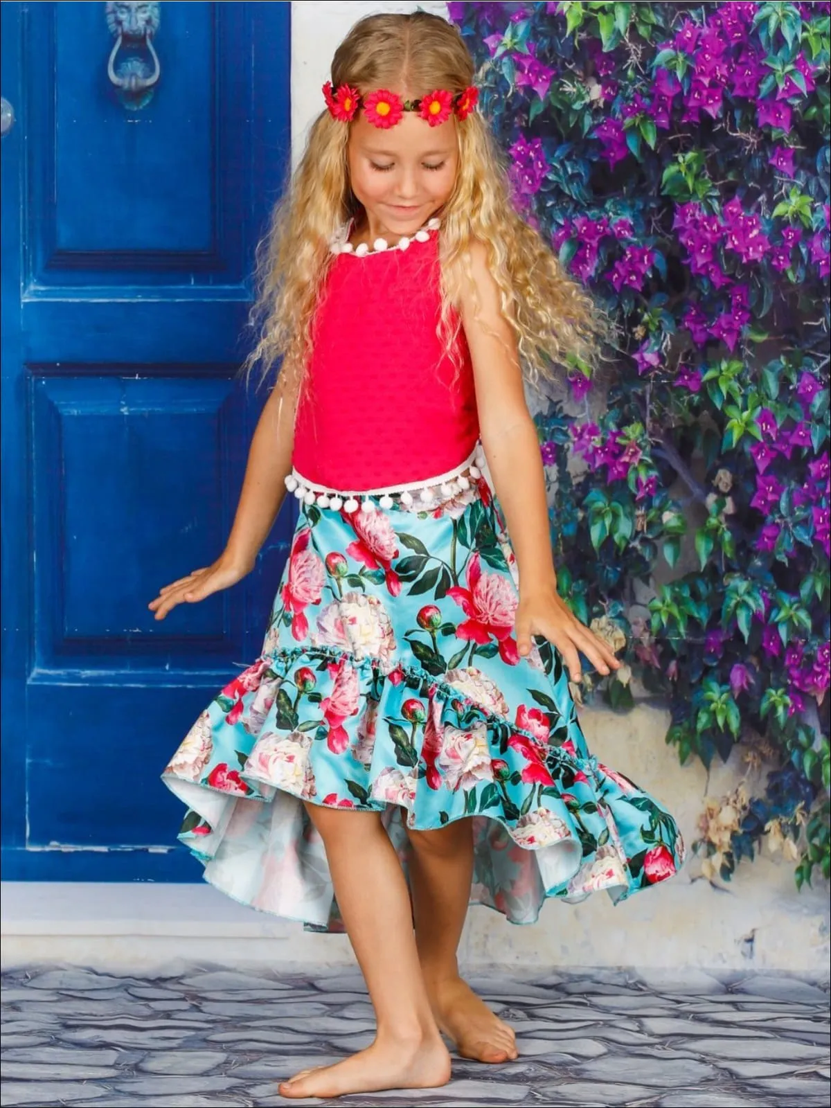 Girls Pom Pom Trimmed Halter Top And Satin Hi-Lo Ruffled Skirt Set