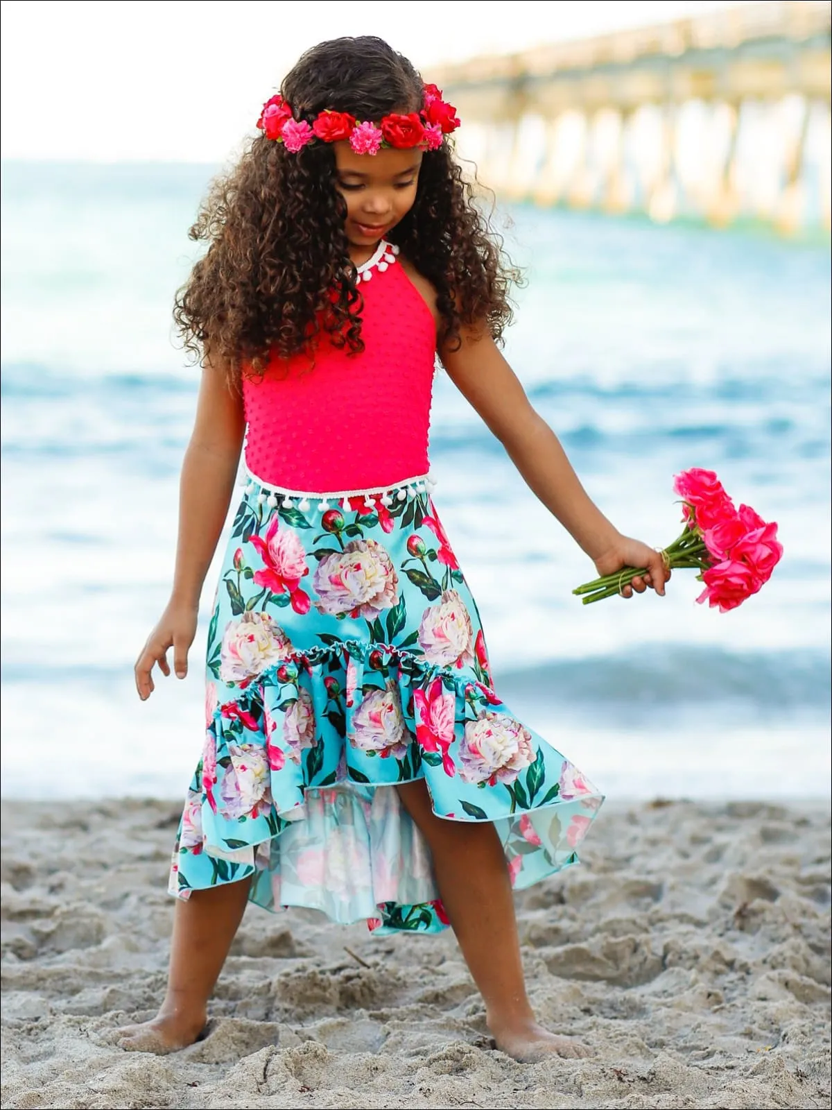 Girls Pom Pom Trimmed Halter Top And Satin Hi-Lo Ruffled Skirt Set