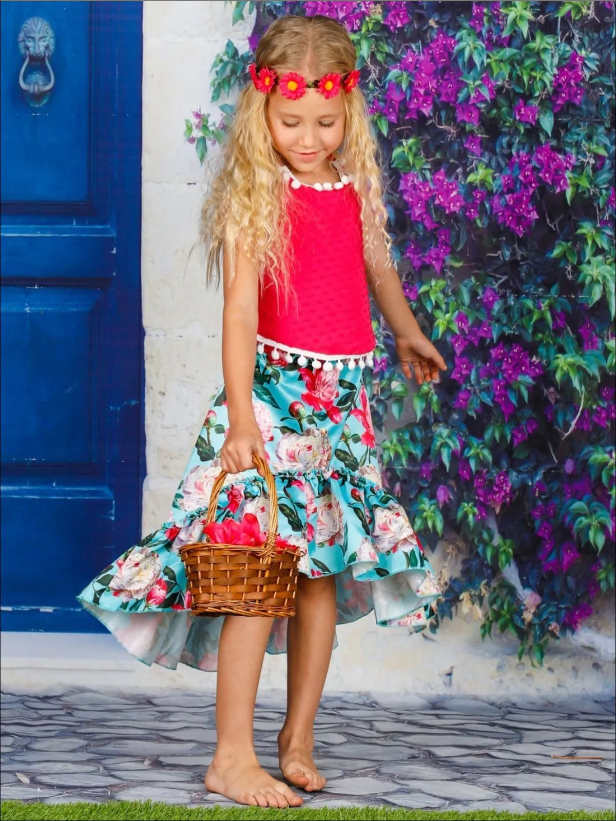 Girls Pom Pom Trimmed Halter Top And Satin Hi-Lo Ruffled Skirt Set