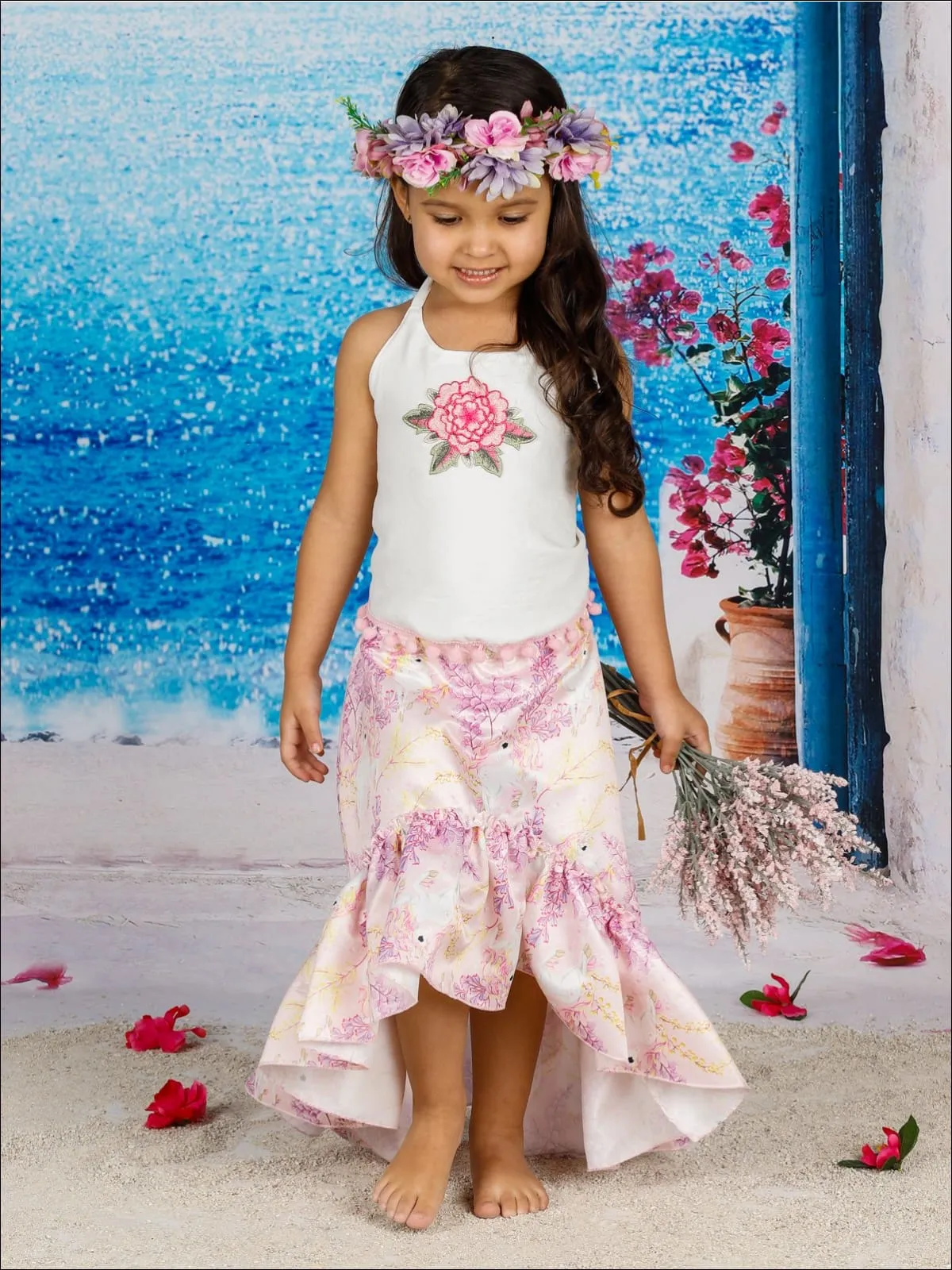 Girls Pom Pom Trimmed Halter Top And Satin Hi-Lo Ruffled Skirt Set