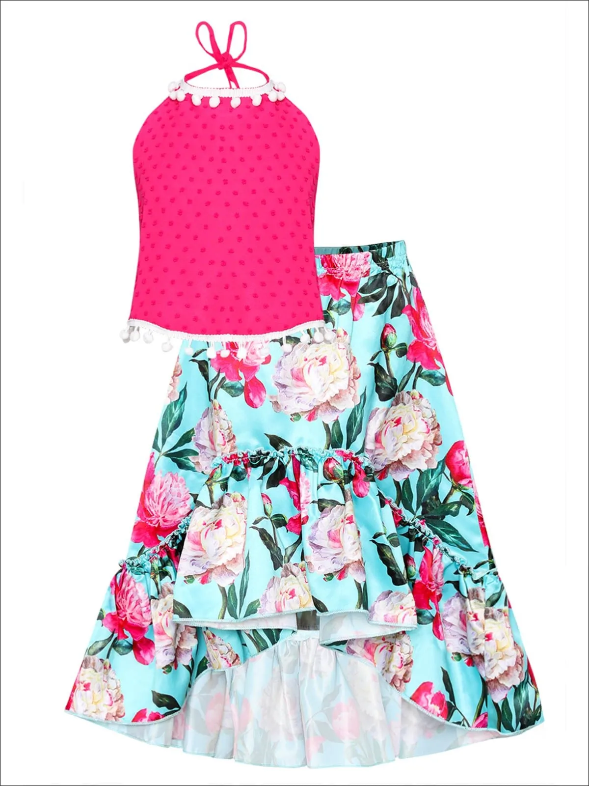 Girls Pom Pom Trimmed Halter Top And Satin Hi-Lo Ruffled Skirt Set