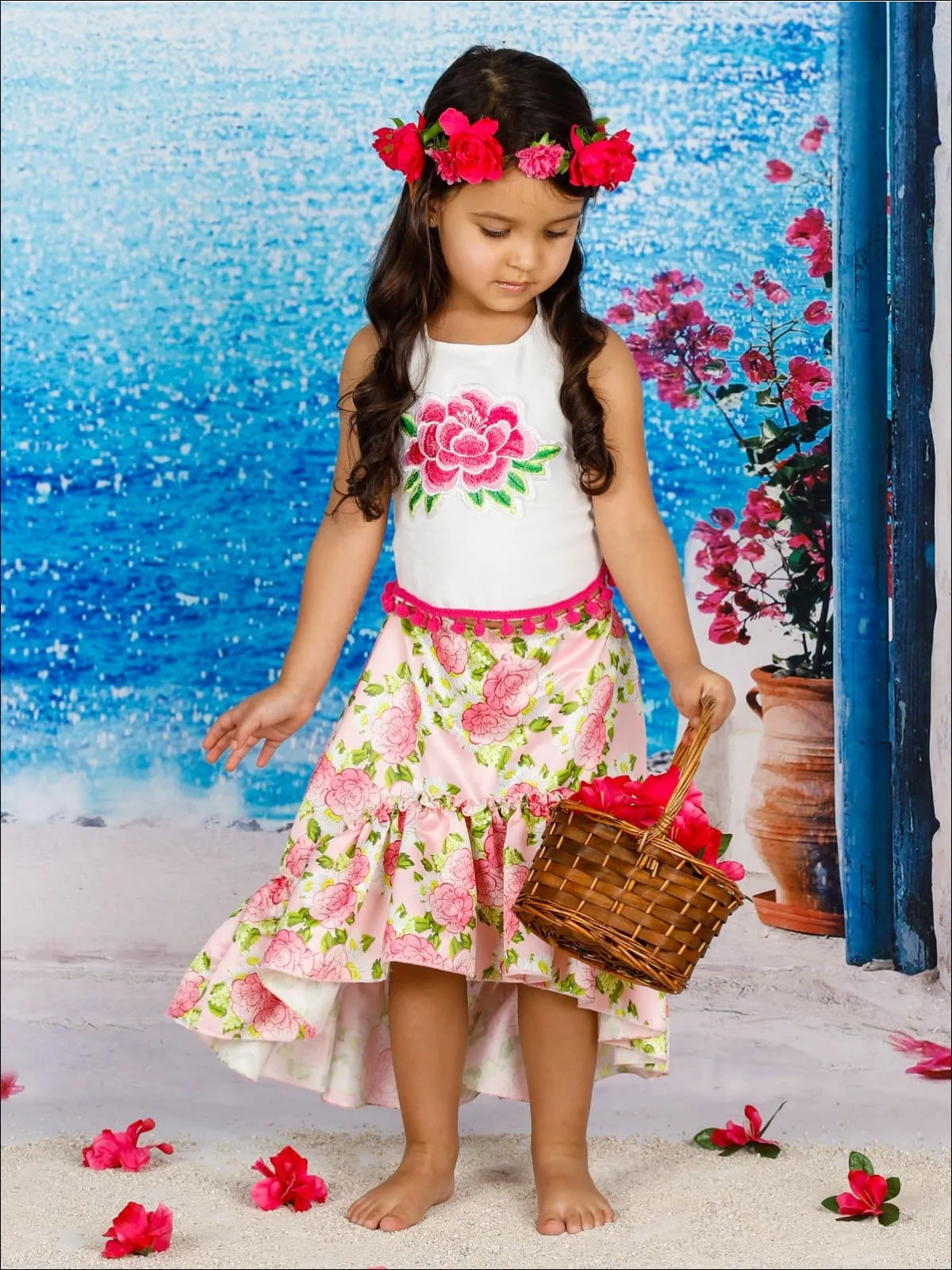 Girls Pom Pom Trimmed Halter Top And Satin Hi-Lo Ruffled Skirt Set