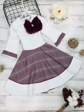 Girls Preppy Burgundy And Creme Circular Skirt 3/4 Sleeve Dress