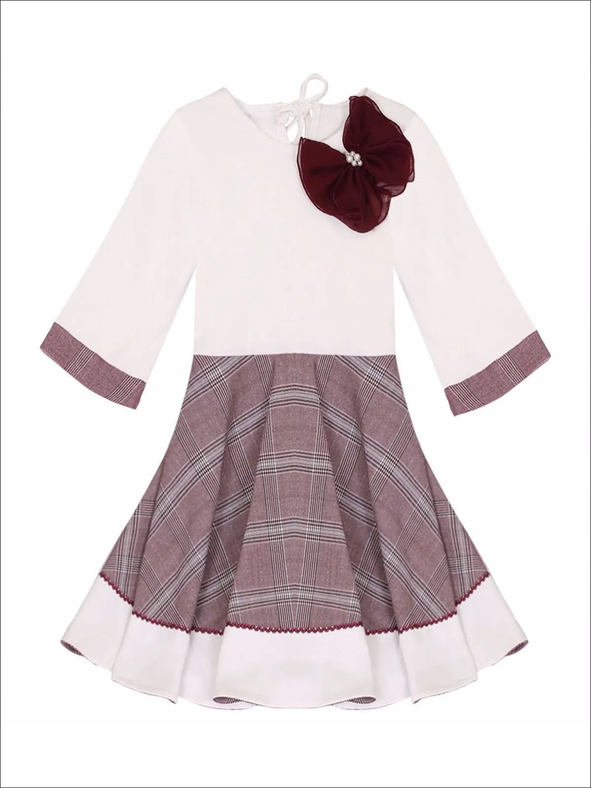 Girls Preppy Burgundy And Creme Circular Skirt 3/4 Sleeve Dress