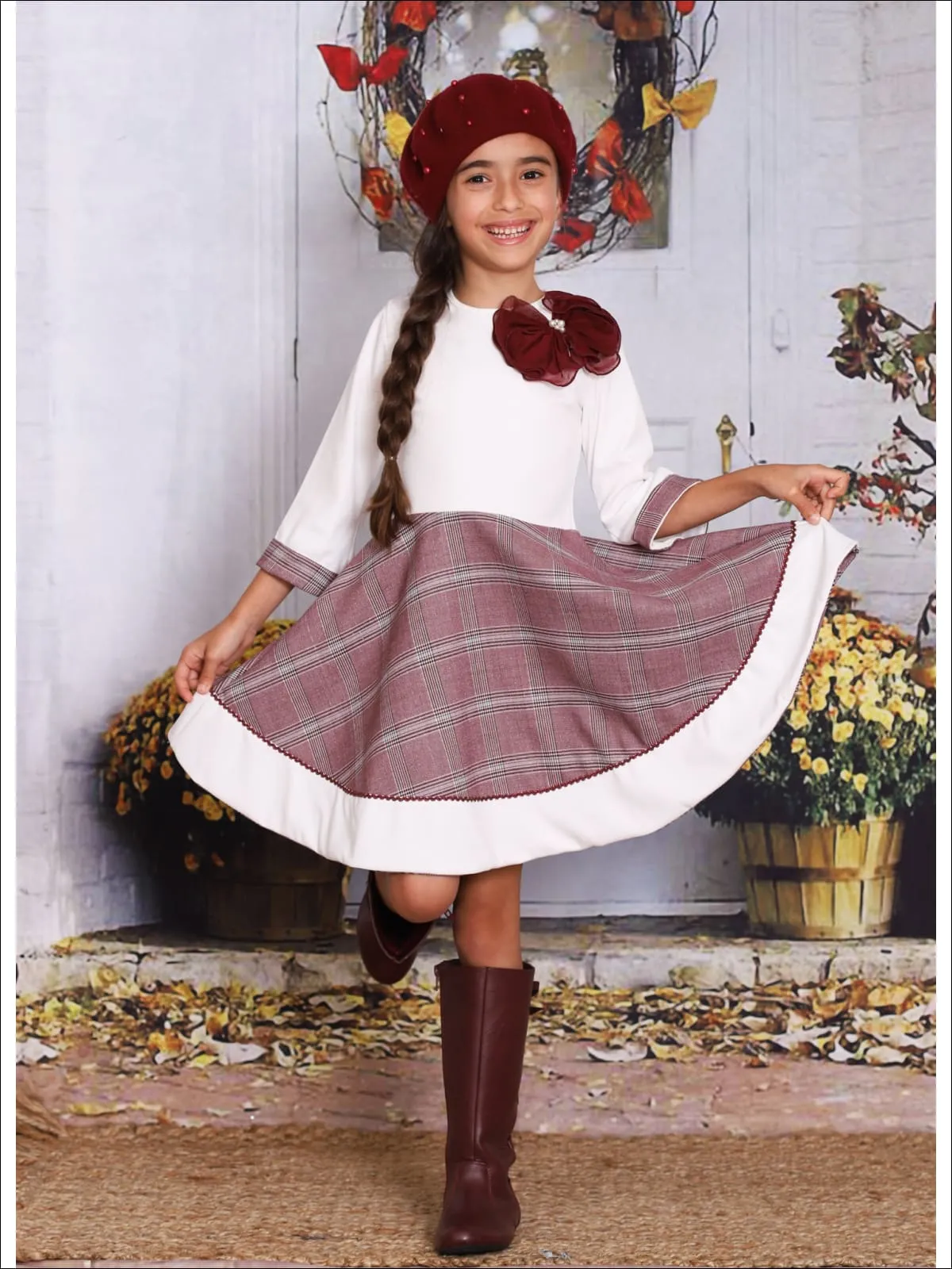 Girls Preppy Burgundy And Creme Circular Skirt 3/4 Sleeve Dress