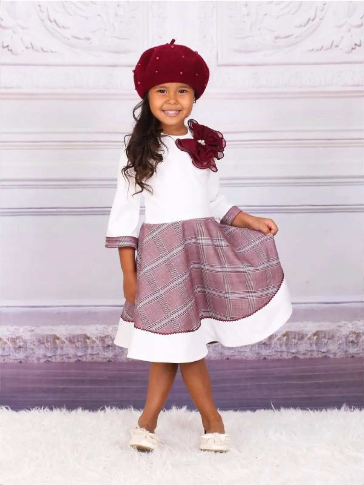 Girls Preppy Burgundy And Creme Circular Skirt 3/4 Sleeve Dress