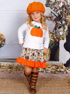 Girls Pumpkin Printed Long Sleeve Top And Ruffled Skirt Set