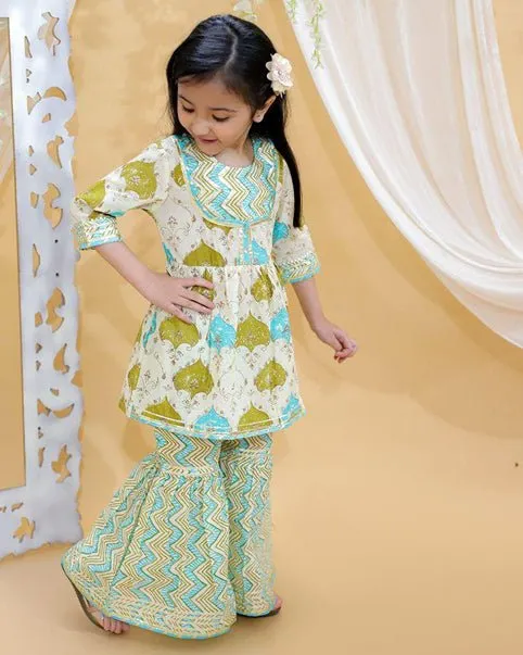 Girls Pure Cotton Jaipur Block Printed Festive Suit Sets - Green