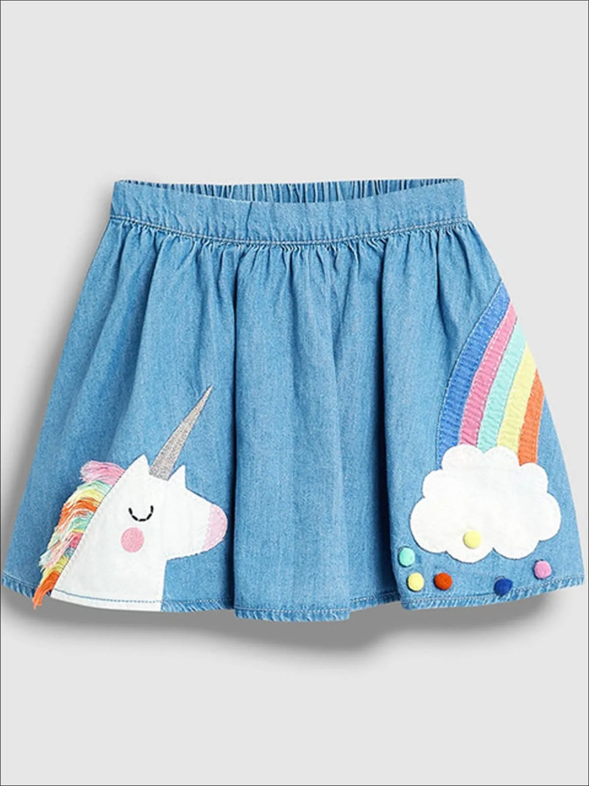 Girls Rainbow Unicorn Patched Denim Skirt