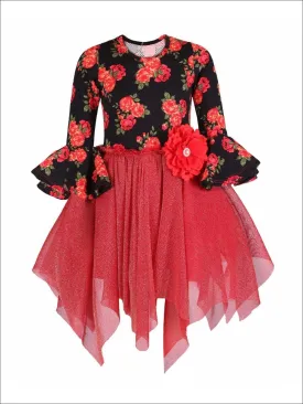 Girls Red Floral Tutu Skirt Flare Sleeve Dress