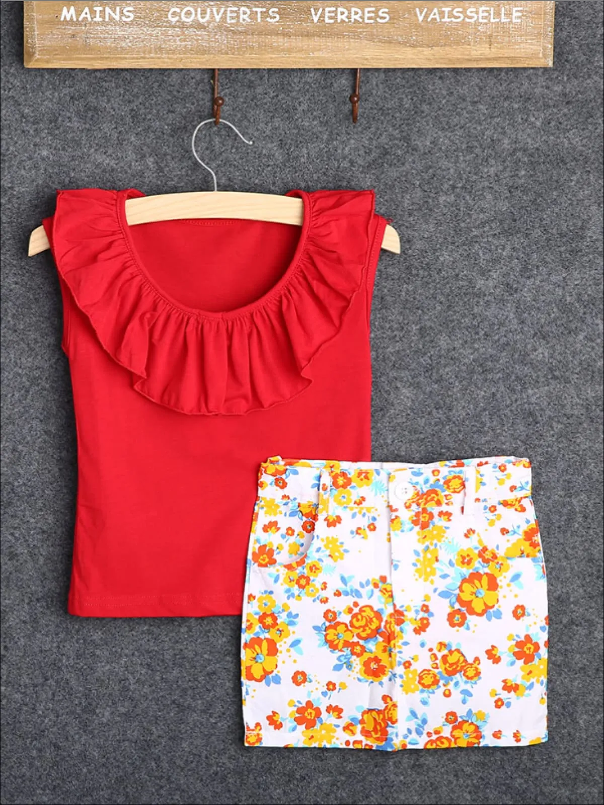 Girls Red Ruffled Top And Floral Skirt Set