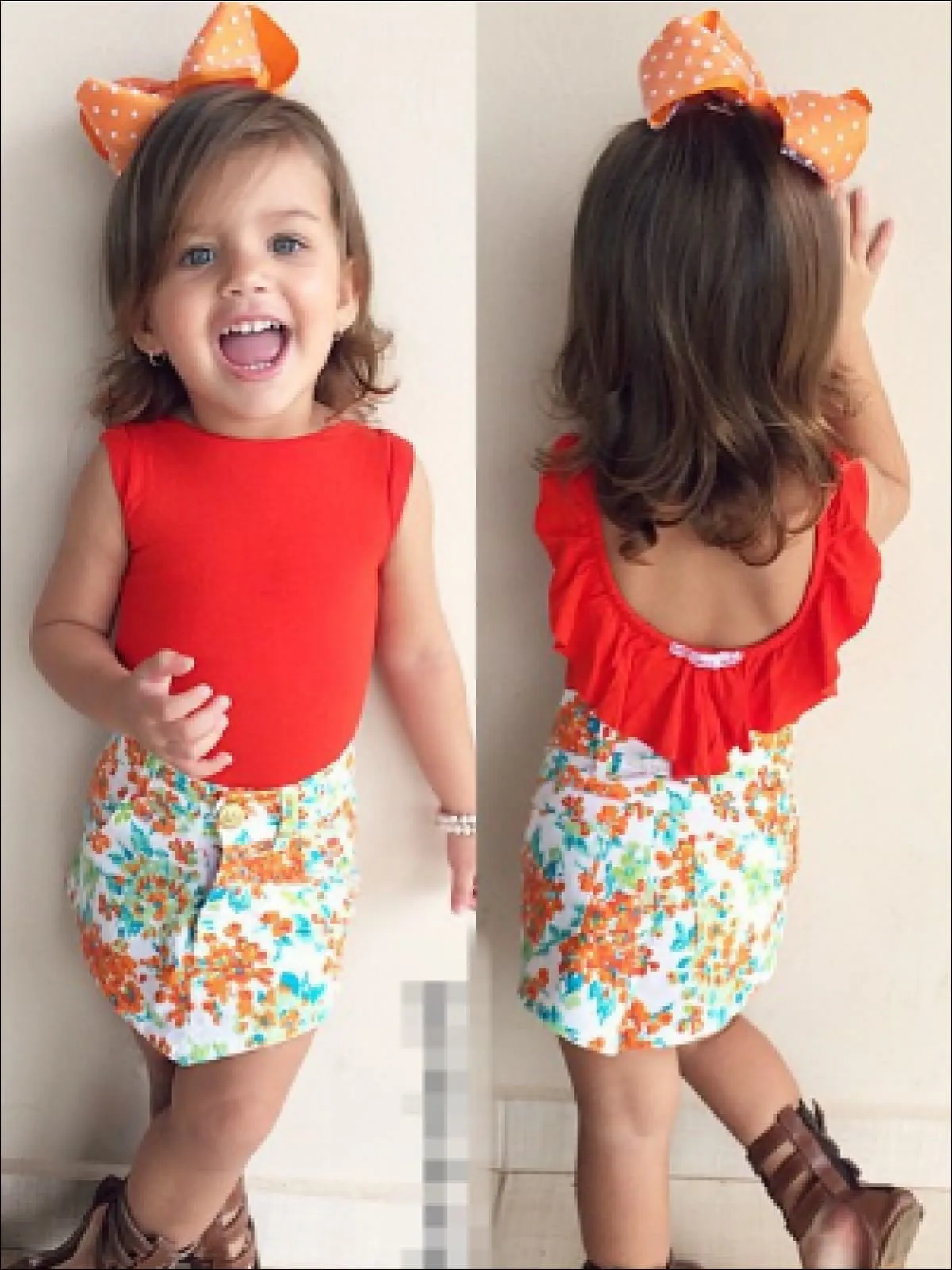 Girls Red Ruffled Top And Floral Skirt Set