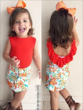 Girls Red Ruffled Top And Floral Skirt Set