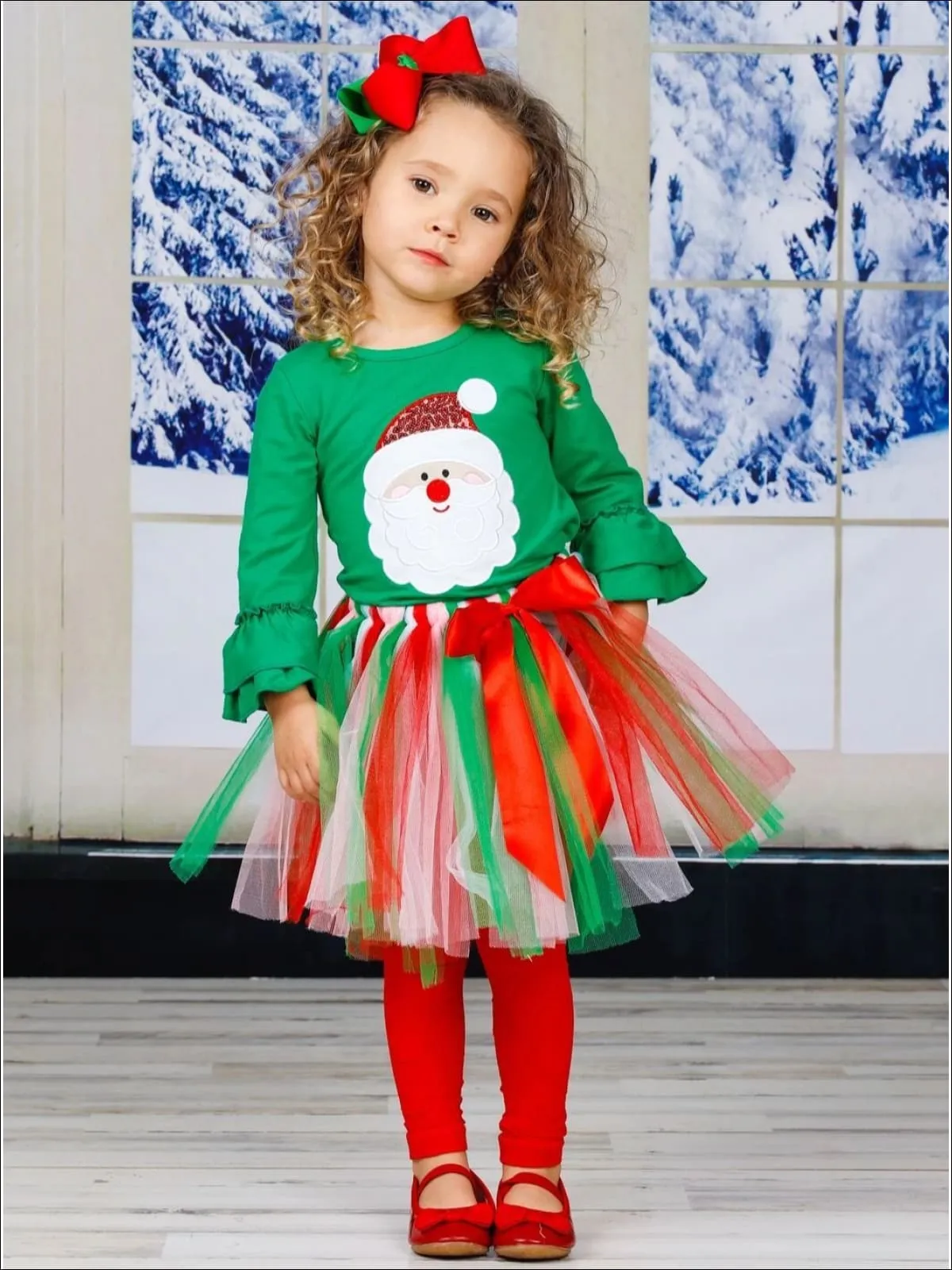 Girls Santa Ruffled Top And Tutu Bow Skirt Set