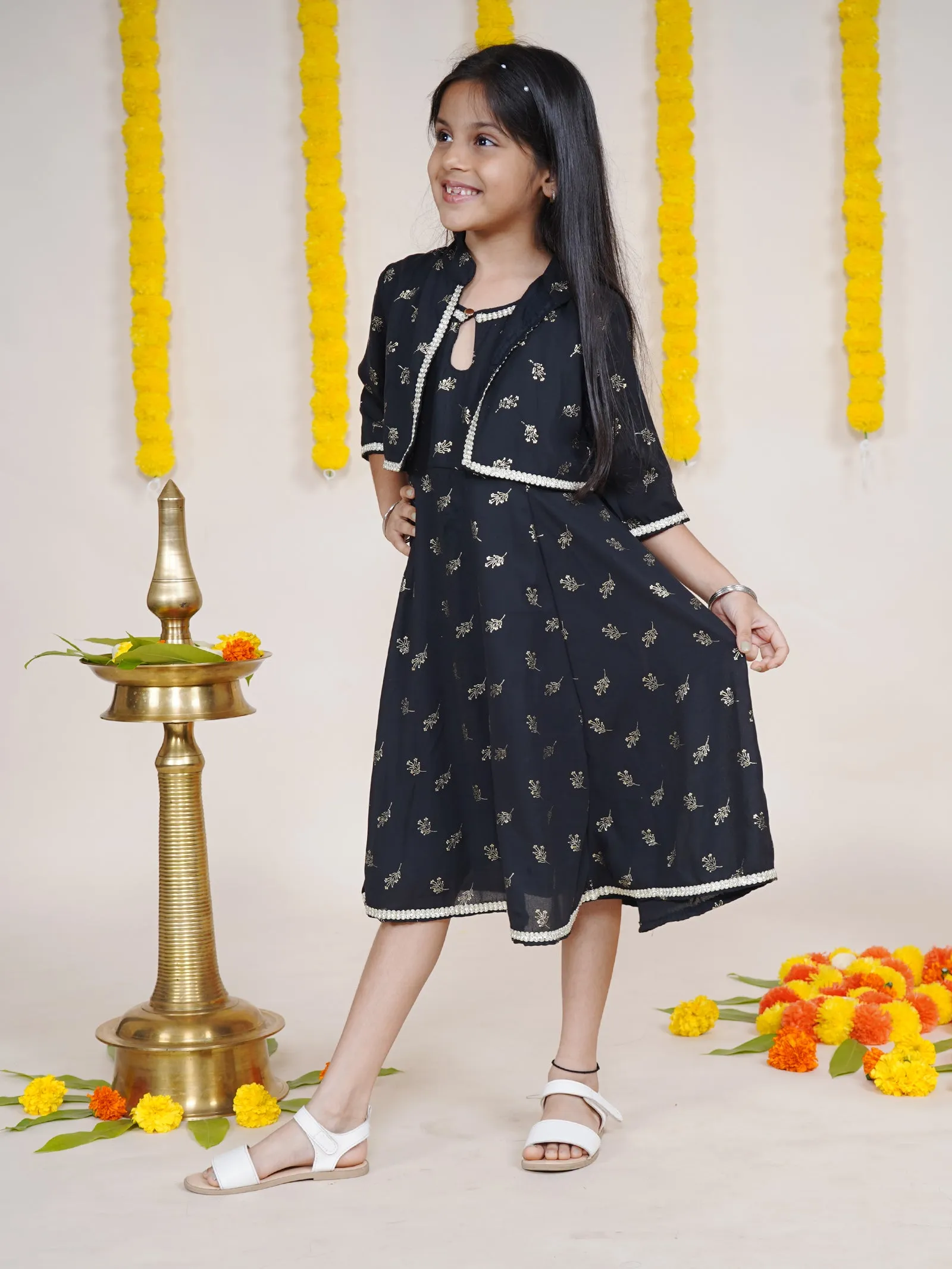 Girls Three Fourth Sleeves Golden Printed Kurta With Attached Jacket