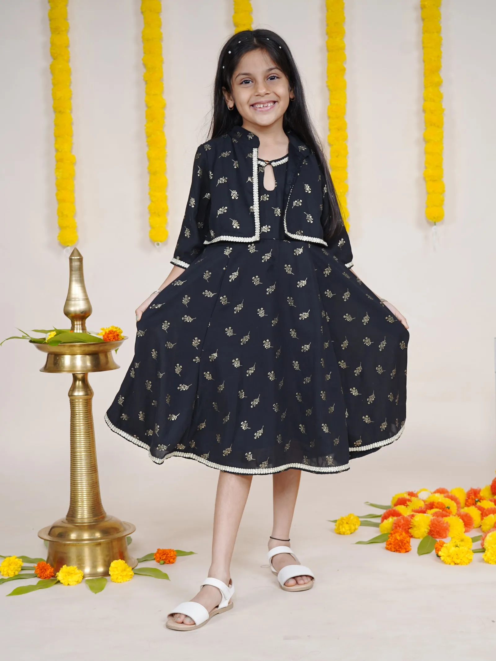 Girls Three Fourth Sleeves Golden Printed Kurta With Attached Jacket