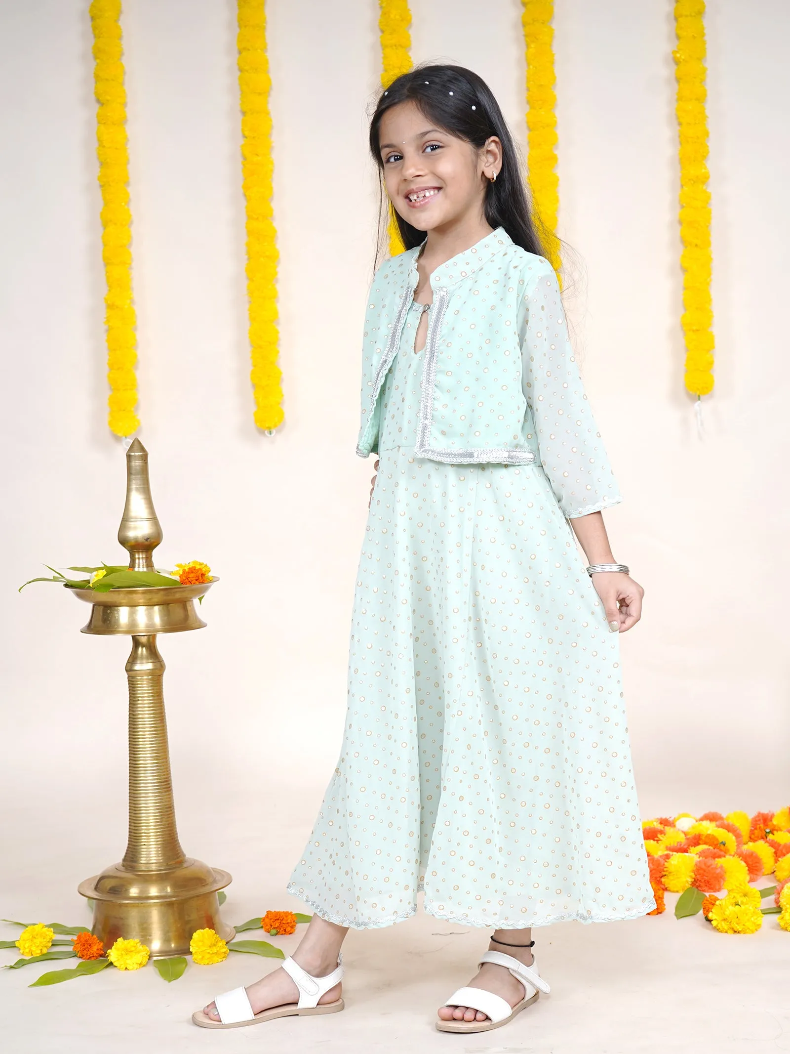 Girls Three Fourth Sleeves Golden Printed Kurta With Attached Jacket