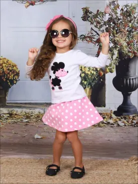 Girls White Long Sleeve Doggy Top And Pink Polka Dot Skirt Set